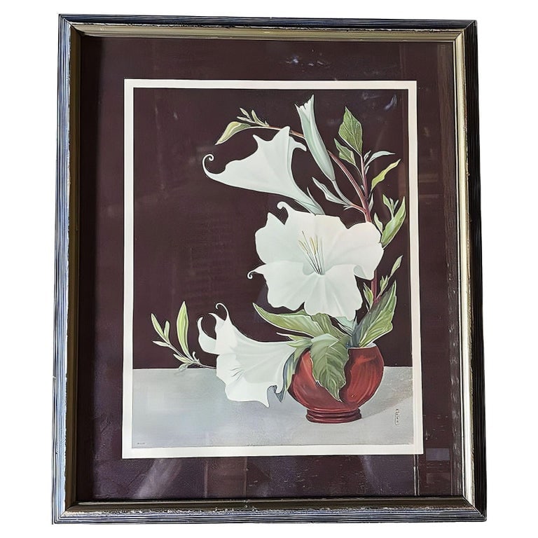 Ikebana Arranged White Petunia Foral Scenic Lithograph by Lithoin, Framed (1 of 11)