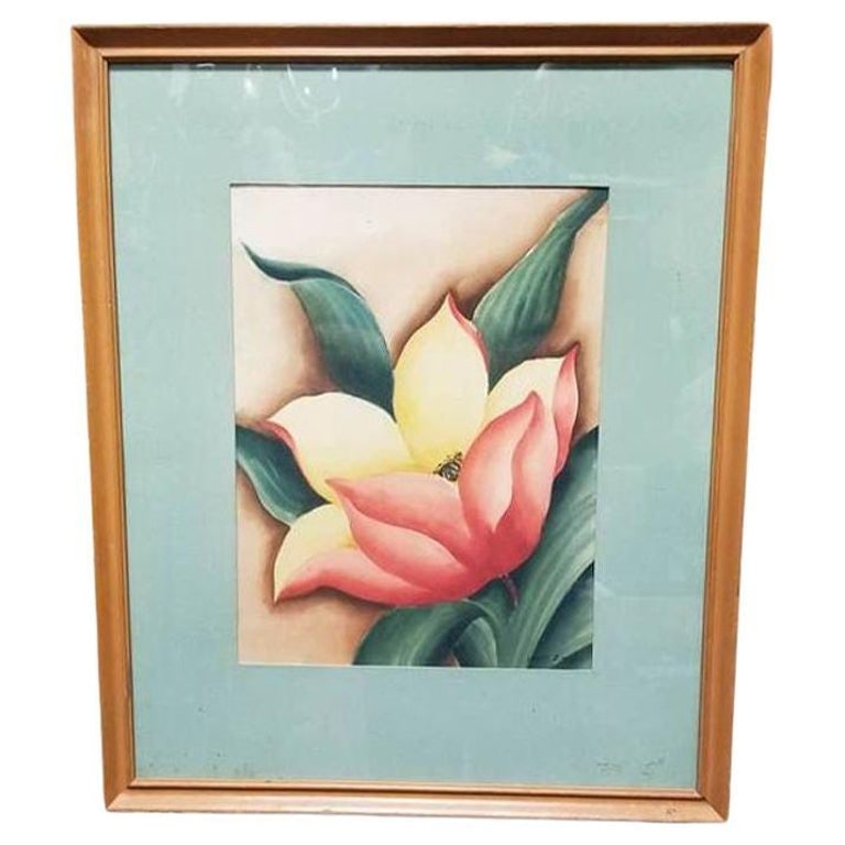 Framed Airbrush on Paper Hibiscus Tropical Floral by Jane Boyd, 1948 (1 of 8)