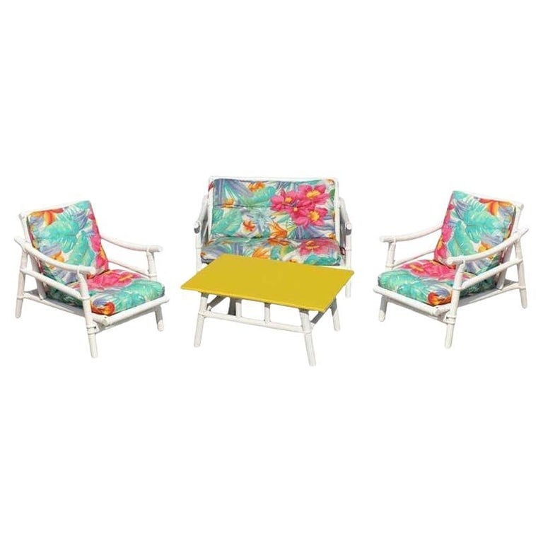 Ficks Reed Restored Vintage Complete Rattan Children's Living-Room Set: Here is a complete child's rattan living-room set complete with loveseat, two armchairs, and coffee table. Restored to new for you. All rattan, bamboo and wicker furniture has been painstakingly refur