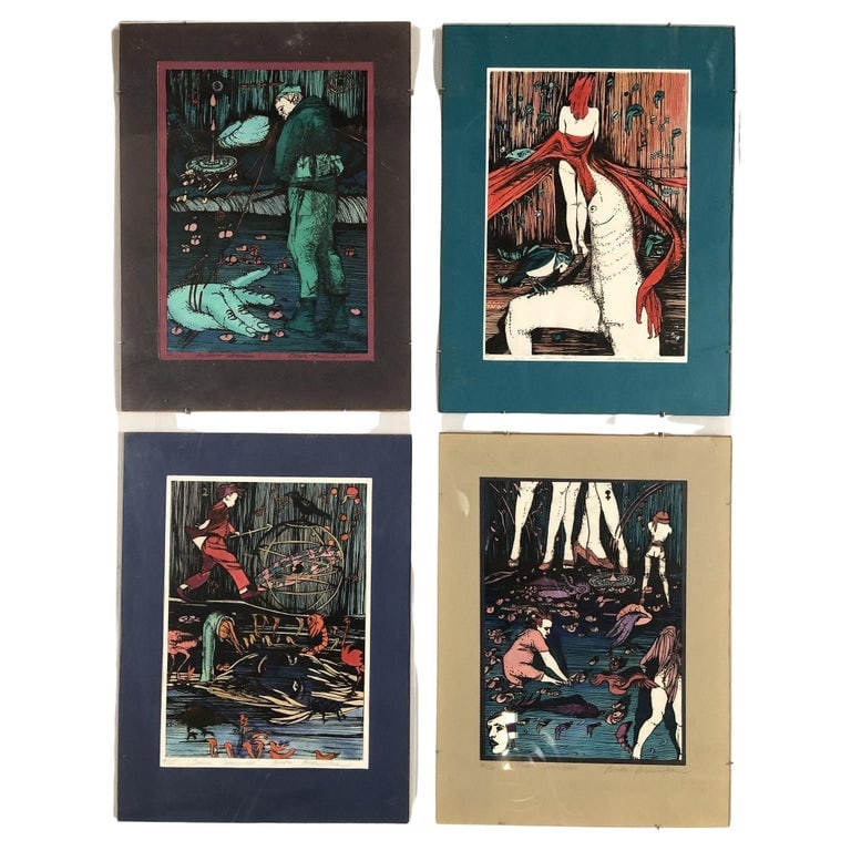 Hand-colored Abstract Block Prints in acrylic Frame by Beato P. Set of 4: Vintage Abstract hand-colored block artwork print , Acrylic Mounted, and Matted by Beato P. Set of 4. This set of 4 abstract block prints depicts different scenes, all of which feature detailed stroke