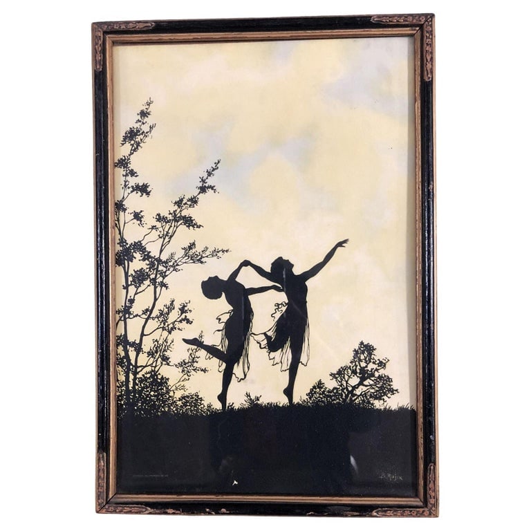 1915 Framed Neo-Classic Where Terpsichore Dwells Silhouette Print by Boris Major: 1915 Neo-Classic silhouette print titled "Where Terpsichore Dwells" by Boris Major in its original frame. The print features two silhouetted figures dancing, symbolizing Terpsichore, the Greek Muse of