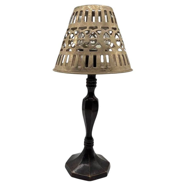 Hand Cast Bronze Candle Holder w/ Reticulated Pierced silver-plated Lamp Shade: This vintage brass reticulated shade features intricate openwork, casting elegant patterns when lit. With a warm patina and sturdy metal frame, it’s perfect as a lampshade, candle cover, or decorati