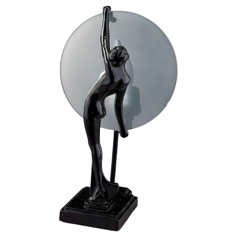 Frankart Style Nude Nymph Silhouette Moon Black Spelter Table Lamp by Sarsparill: Art Deco-styled Frankart re-edition by Sarsparilla features a nude nymph silhouette moon black metal table lamp. This lamp is crafted from black-painted white metal featuring a graceful nymph silhouet