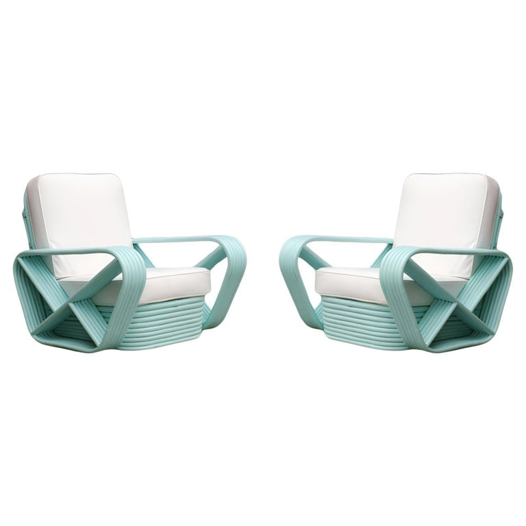 Restored pair Teal Square Pretzel Stacked Rattan Lounge Chairs Style of Frankl: Six-strand square pretzel arm rattan chairs with stacked bases in the style of Paul Frankl. Both chairs have been professionally custom painted in a teal finish.1950, United StatesRestored to new for