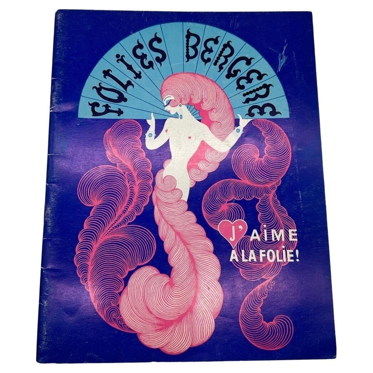 1971 Folies Bergère Starring Hélène Martini Vintage Cabaret Pamphlet by Erté: French artist Erté (Romain de Tirtoff, 1892-1990) created this poster for the latest stage production presented by Helene Martini, the owner of Folies Bergère. This iconic French cabaret music