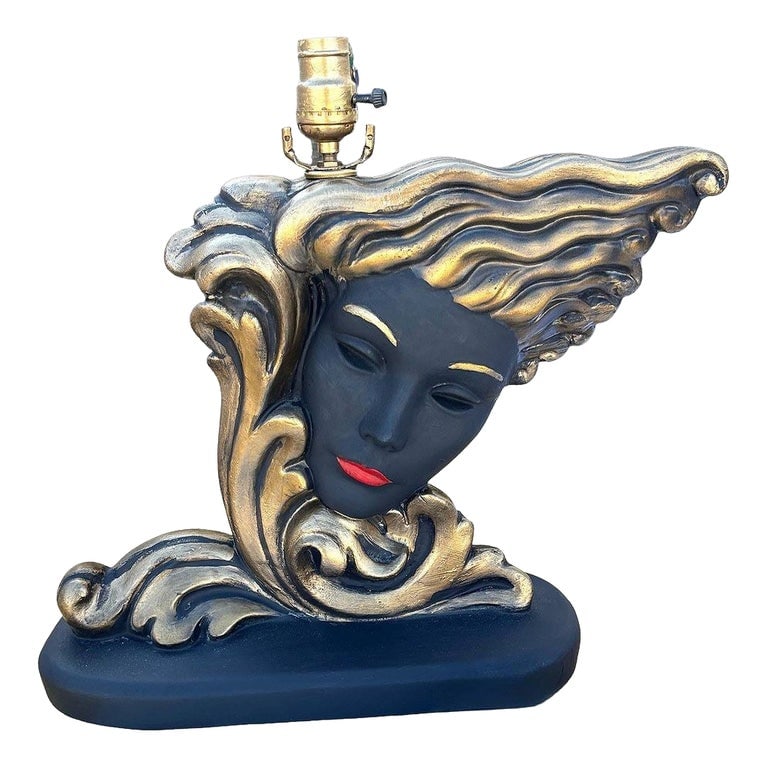 RARE Mid-Century Female Portrait Sculptural Chalkware Table Lamp: Rare German chalkware table lamp featuring a stylized geometric woman’s silhouette as the base. The figure's smooth, streamlined curves contrast heavy geometric lines, while her vibrant red lips add