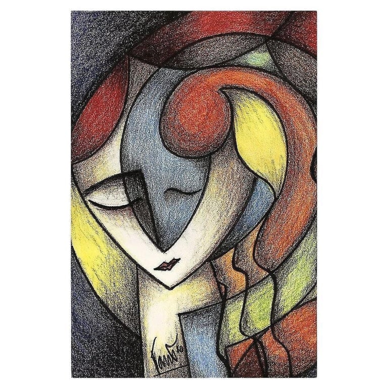 Geometric Abstract Expressinist Woman Portrait Print on Canvas by Richard T Spea: This Vibrant Geometric Abstract Woman Portrait print on canvas by Richard T Spears features a striking, colorful depiction of a woman through bold geometric shapes and patterns. This artwork combines
