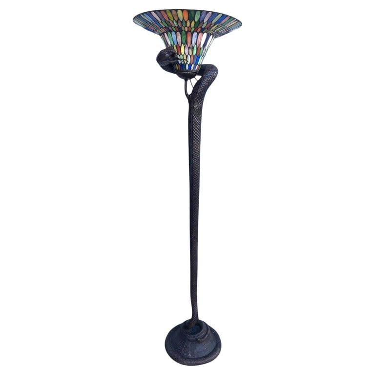 Edgar Brandt Style Bronze Snake Floor Lamp W/ Stained Glass Shade, 2 Available: Custom snake lamp stylized after the original designed (sculpted) concept of Edgar Brandt. Depicts a highly detailed snake coiled around a stained glass shade with an open mouth, exposing its fangs an