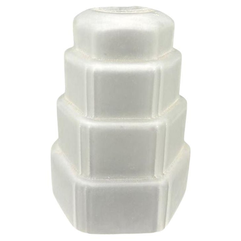 French Stepped Art Deco Frosted Glass Ceiling Shade by Vianne: Original 5-tier stepped Art Deco frosted light shade for a ceiling fixture with round edges and vertical speed lines. The shade is produced by Vianne Glass company in France.The sale is for 1 shade, 4