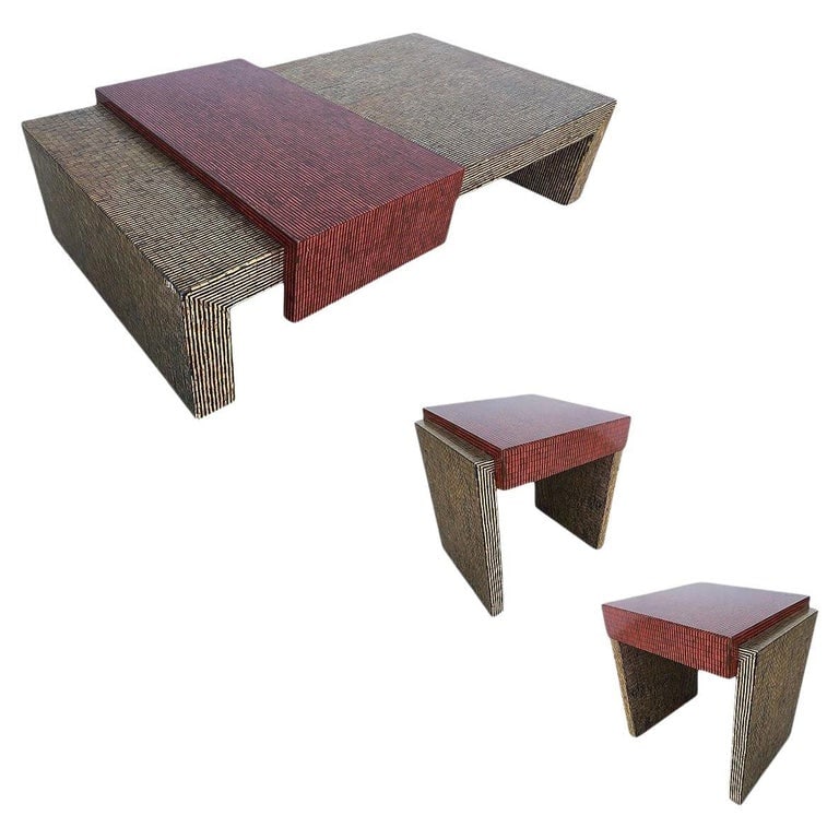 Two-Tone Cubist Style Side Table and Coffee Table Set - Set of 3: Two-tone Cubist style side table and coffee table set with red and tan textured vinyl tops.Side Tables- H 22.5 in. x W 22 in. x D 19 in.Coffee Table- H 13.5 in. x W 50.5 in. x D 30.5 in.MARCSS