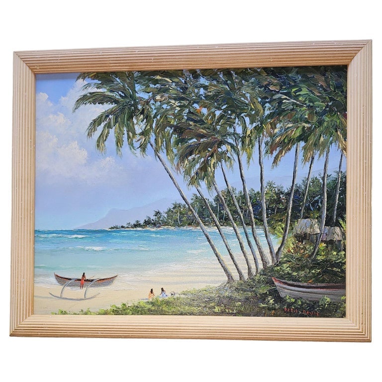 1980s Hawaiian Landscape Oil on Board by Daris Davis in Tropical Wood Frame (1 of 8)