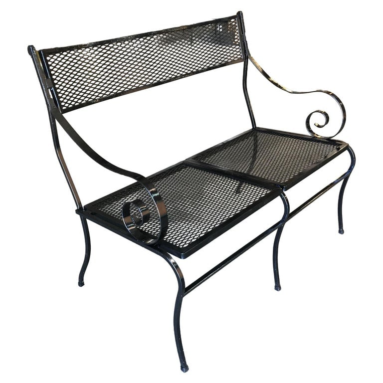 Woodard Wrought Iron Mesh Loveseat Bench, Scrolling Arms (1 of 6)