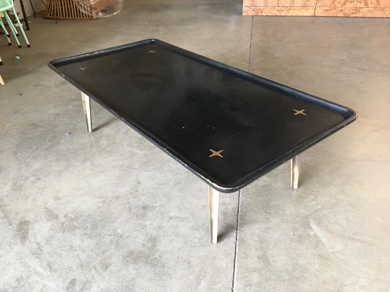 Rare Midcentury Black Lacquer Coffee Table with Solid Cast Bronze Base - 4