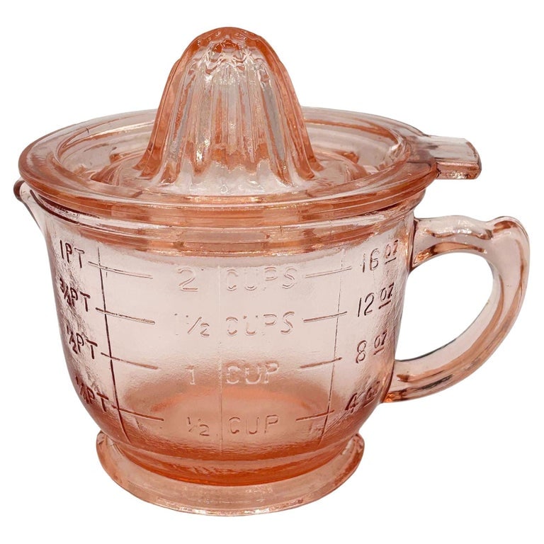 Mid-century Pink Hazel Glass 2 Cup Bar Measuring Pitcher & Reamer by AND: Mid-century pink hazel glass 2 Cup measuring pitcher with matching Reamer by AND. This pitcher is great for juicing your favorite orange juice in the morning or maybe a little lemon for your next cock
