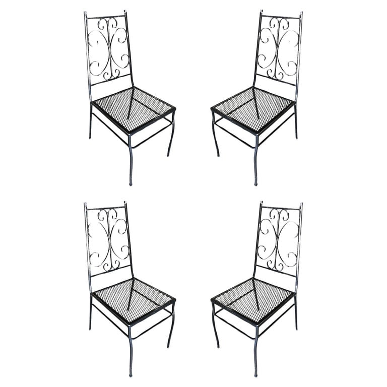 Midcentury Outdoor/Patio Side Chair with Scrolling Pattern, Set of Four: Set of four outdoor patio chairs with scrolling pattern and mesh steel seats.