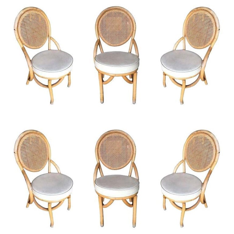 Restored Rattan Dining Side Chair w/ Round Wicker Seat, Set of Six (1 of 9)