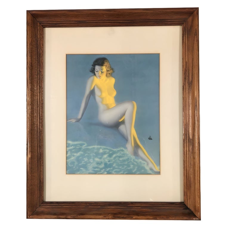 Nude Female Figure at Blue Beach Lithograph by Earl Moran Framed: "Nude Figure at Blue Beach" lithograph by Earl Moran, beautifully framed with a white mat and original Mi-century era wood frame. This original print captures Moran's signature elegance, depicting a