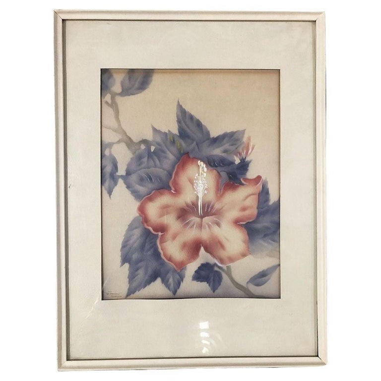 Post War Red Hibiscus Airbrush Painting on Paper by Tip Freeman, Framed: Original Post War Framed Paintings with red hibiscus, by Tip Freema Featuring a red floral Hibiscus against a light background in its original wood frame.Tip Freeman developed a technique where he app