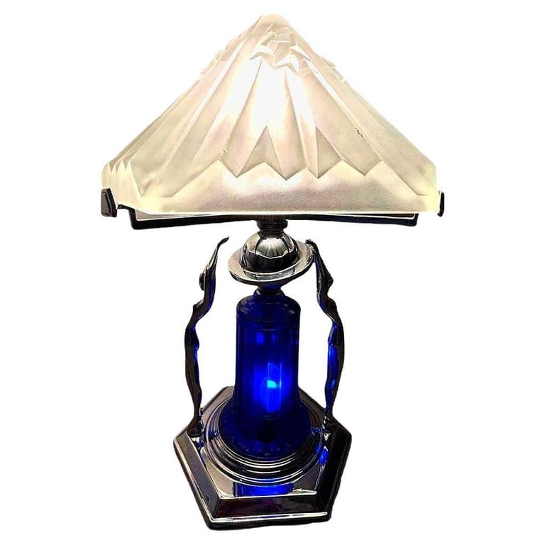 Frankart Era Art Deco Style Chrome & Cobalt Figural Lamp w/ Vivian Glass Shade (1 of 10)