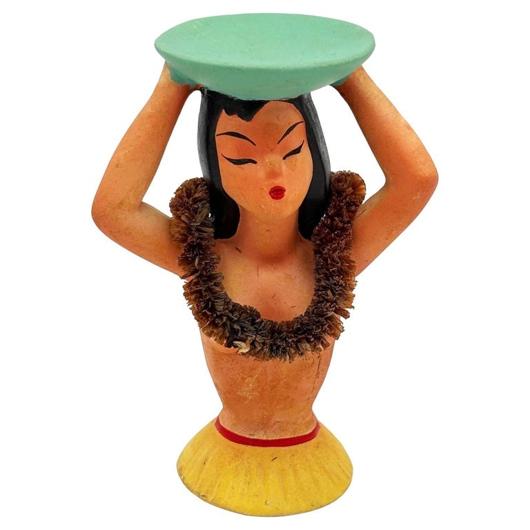 1940 Chalkware Ceramic Nude Hula Girl Napkin Holder Bust Sculpture: Original chalkware ceramic Hula girl bust napkin holder sculpture. Crafted in the 1940s, this bust of a young native Hawaiian woman with a hibiscus lei around her neck was used to top napkin holders o
