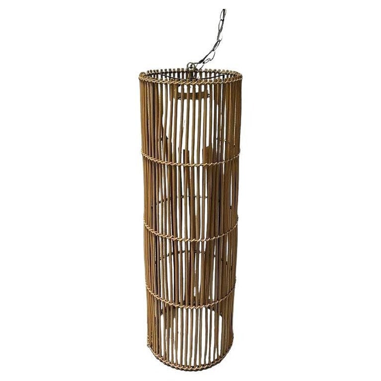Large Mid-century Split Stick Reed Rattan Hanging Cylinder Chandelier Pendant (1 of 6)