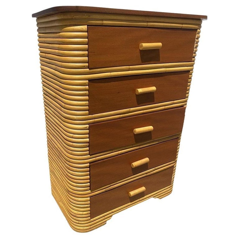 Restored Art Deco Stacked Rattan Highboy Dresser w/ Mahogany: This beautifully restored Paul Frankl-inspired Art Deco era stacked rattan highboy dresser with a mahogany top and five pull-out mahogany drawers. The dresser is a perfect blend of functionality and