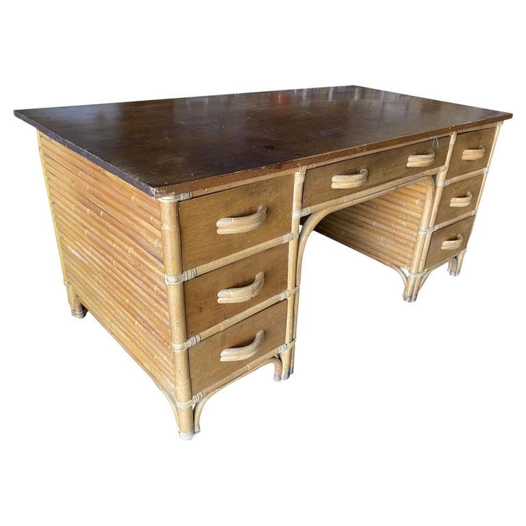 Restored Mid-century Stacked Rattan Executive Desk W/ Solid Mahogany Top (1 of 8)