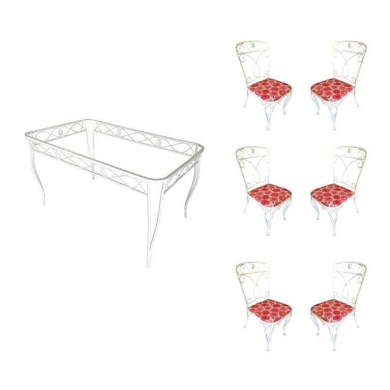 Mid-century Woodard Glass Top Wrought Iron Scroll Pattern Patio Outdoor Set: Woodard wrought iron scrolling pattern patio/outdoor set featuring six side chairs and one glass-top dining table. This set is currently repainted in white but be changed to your color of choice, incl