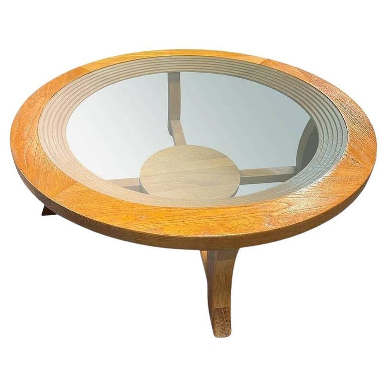 Stepped Art Deco Blond Oak & Glass Coffee Table By Paul Frankl for Brown Saltman: Art Deco coffee table with stepped center and glass top. Crafted from solid blond finished oak with an integrated glass top designed by Paul T Frankl for the Brown & Saltman company.Paul Frankl, renow