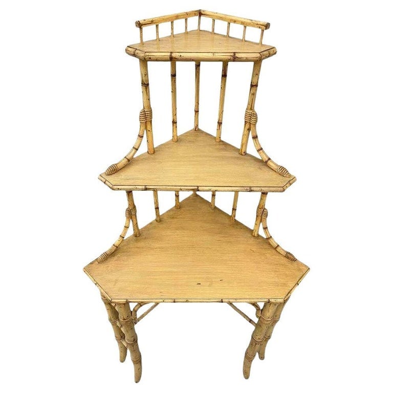 Mid-century James Mount Style 3-Tiered Blonde Bamboo Corner Shelf (1 of 7)