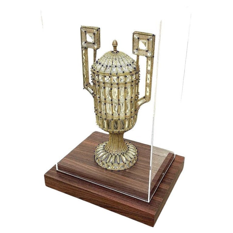 Italian Beadwork Glass & Cut Crystal Vase Lamp Mounted in Case: Construction in crystal glass beads, faceted glass, and metal containers. This classic-style lamp pair features a cylindrical shade with a round pedestal and meander-shaped handles with a mirrored