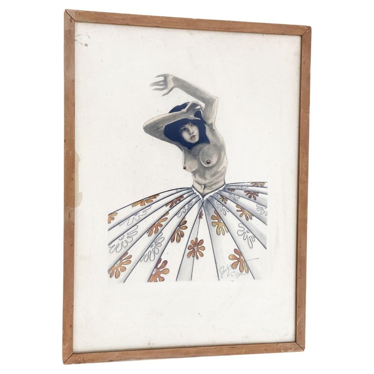 Post War Tropical Nude Color Pencil Drawling Signed Schultz: Post-WWII nude tropical color pencil drawing artwork Signed "Schultz" featuring a nude Hawaiian dancer in a skirt.