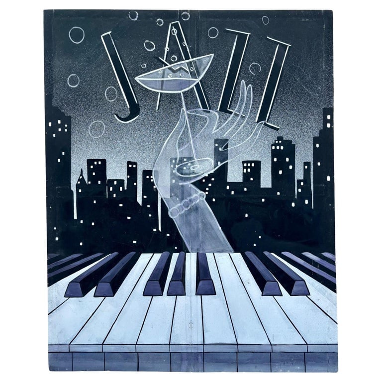 11' Foot Hand Painted Jazz Cityscape Oil on Canvas Screen: Large 11' foot tall hand-painted artwork oil painting on a canvas featuring "Jazz" with two female hands holding a martini glass over a keyboard with the word against a cityscape background. This pain