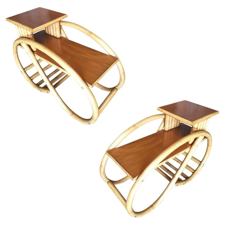 Restored 3/4 Round Pretzel Rattan Side Table w/ 2-Tier Mahogany Tops, Pair: Pair of 3/4 pretzel rattan side lamp table with three-tier Mahogany tops. This unique design can also be used as a magazine rack on the bottom rear rails.1950, United StatesWe only purchase and sell o