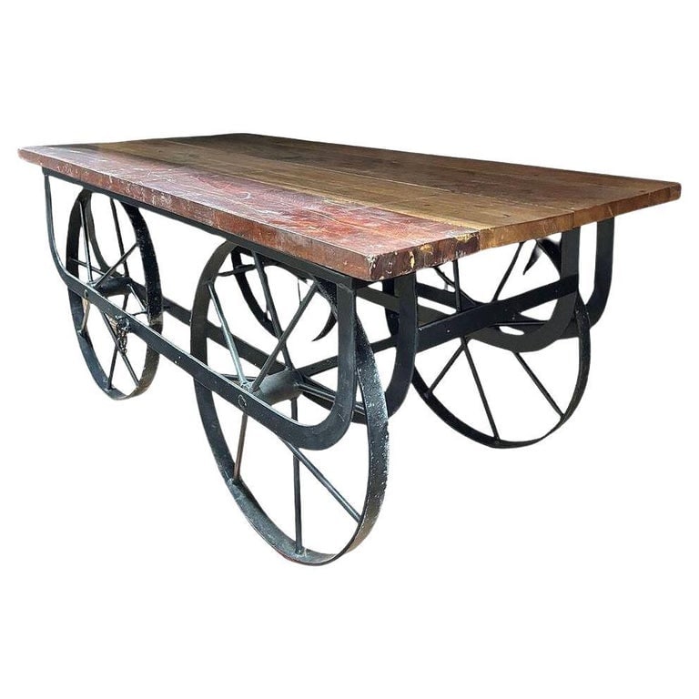 Industrial Iron & Wood Railroad Style Rolling Trolly Cart Coffee Table (1 of 7)