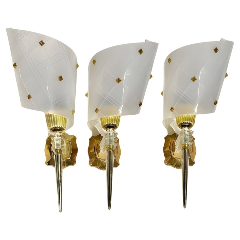 Set of 3 MCM Brass & Lucite Wall Sconces by Pierre Guariche for Luminai (1 of 8)