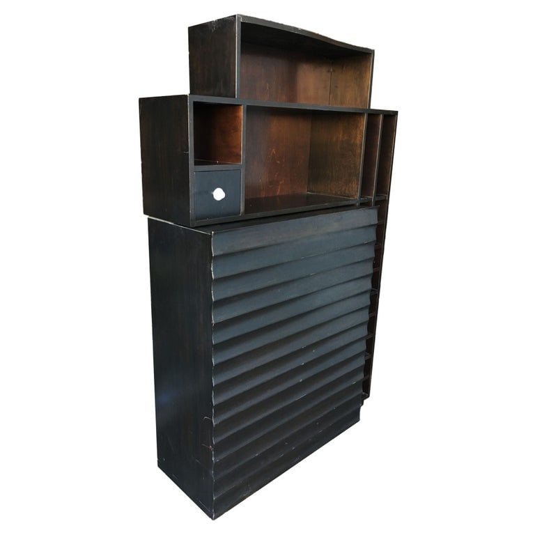 Postmodern Espresso Wood Dining Room Convertible Bar Cabinet, 1990: Step into the sophisticated ambiance of the 1990s with this Postmodern dark espresso brown wood dining or entertaining room food and drink cabinet. Its sleek design boasts versatility, doubling as a c