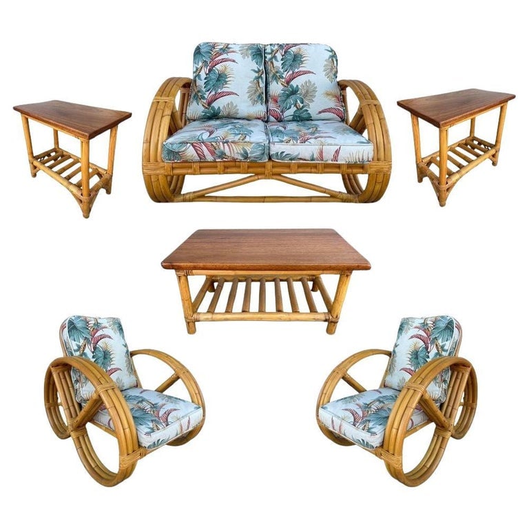 Restored Mid-century Child Size 3-Strand Round Pretzel Rattan Living Room Set: This beautifully restored Paul Frankl-inspired three-strand round full pretzel arm rattan living room set features a pair of round pretzel lounge chairs, matching settee with fancy wicker wrappings, a
