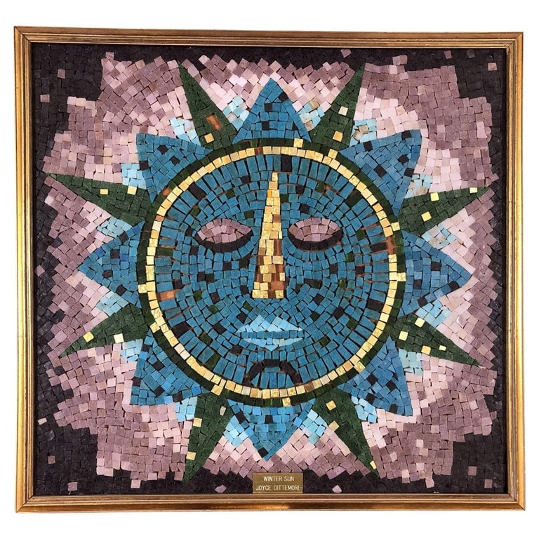 Mosaic Art "Winter Sun" Signed by Joyce Dittermore: Mosaic Wall artwork Sculpture Inlaid of colorful squniteuare rocks, colors like blue, gradients of pinks and purples, and blues. There is a sun figure in the middle of the frame with a sad face and ye