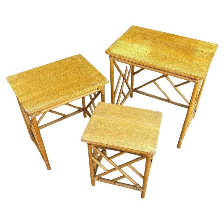 Restored Mid-Century Set of 3 Rattan Nesting Side Tables w/ Mahogany Top (1 of 9)