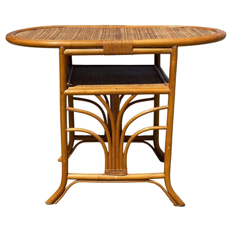 Restored Art Deco "Palm" Rattan Side Drink Table W/ Rice Mat Top: Simply yet elegant small Art Deco rattan side table with formed "Palm" decoration on both fronts with a rice mat top. The table features Classic wicker wrappings and a strong Art Deco design. This