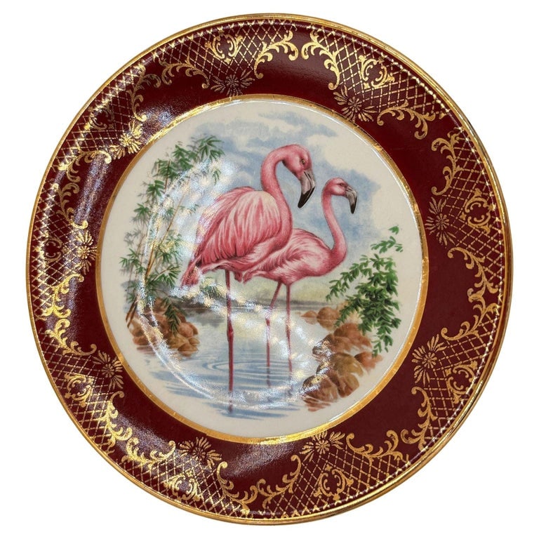 Mid-century Round Pink Flamingo Salad Plate by Royal Falconware England: Mid-century pink and green ceramic flamingo theme flower salad Planter. The wall Planter features a beautifully detailed pink flamingo in a bamboo-filled marsh. It comes in a gloss finish that