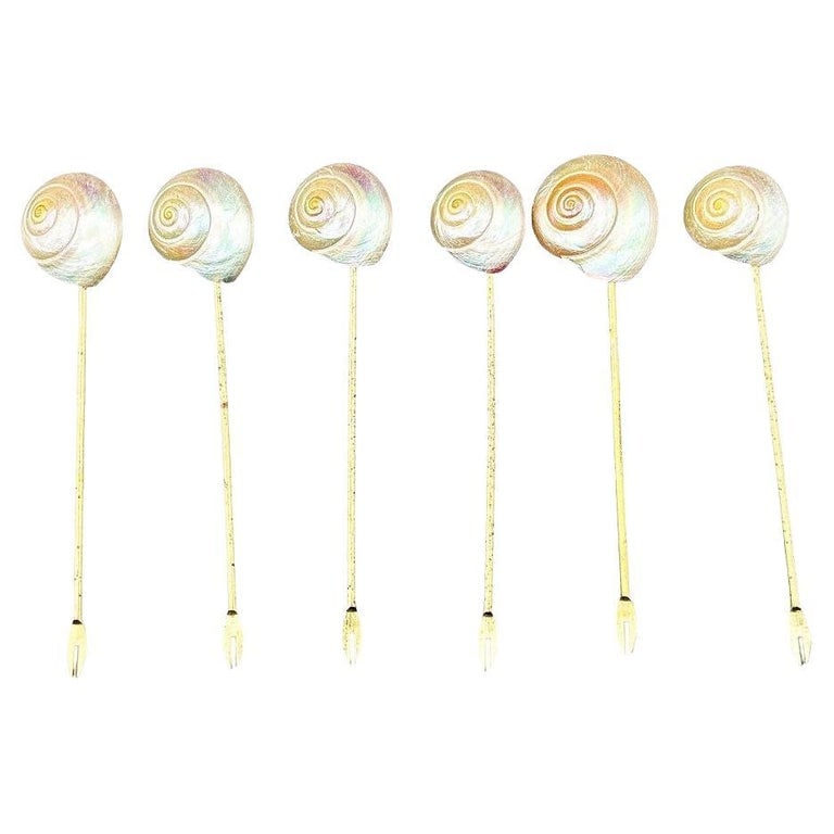 Set of Six Vintage Mother of Pearl Shell and Gold Appetizer Fondue Forks: Vintage Set of Six Mother of Pearl and Gold Appetizer/Fondue Forks. Set of six vintage appetizer forks, likely from the 1960s or 70s. Each fork has a handmade mother-of-pearl handle with beautiful iri