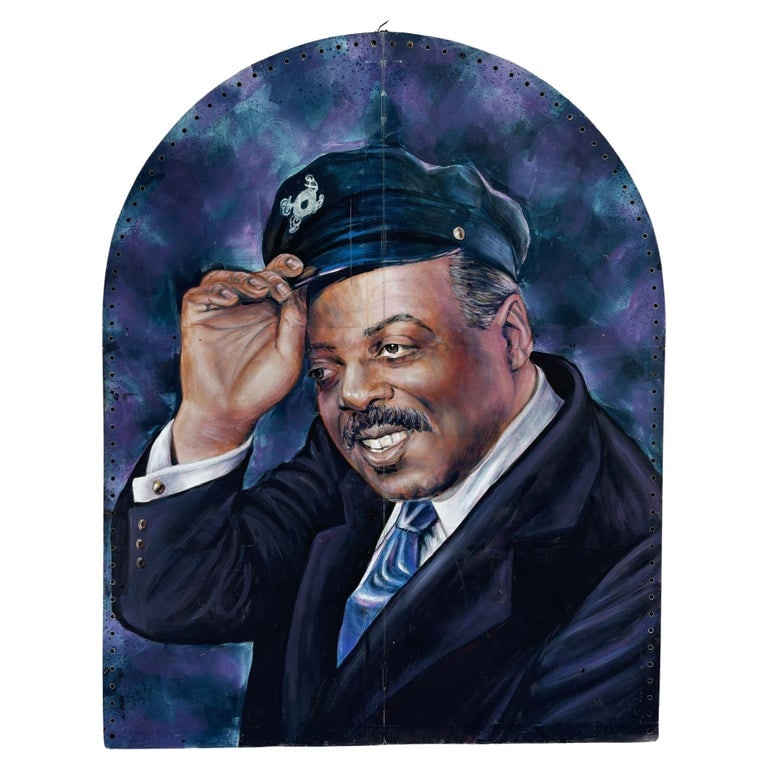 10' Foot Tall Oil on Canvas Portrait of Count Basie Light Up Folding Screen: Large 10-foot tall artwork portrait of Duke Ellington oil painted on a canvas fixed to a wood folding screen featuring a multicolored modernist background. The Back of the frame is signed by Kenmark.T
