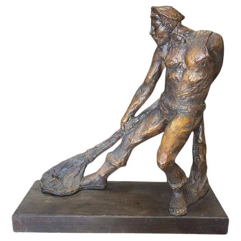 Rare Modern Fisherman w/ Net Large Plaster Sculpture on Wood Base By Kimro 1969: Unique Abstract style sculpture by Kimro featuring a fisherman pulling a catcher's net. It features a sculpture made from plaster/chalkware mounted to a solid wood base. Created in the United States i