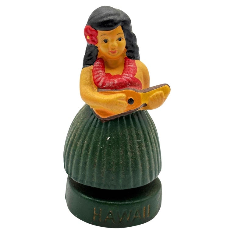1997 Hawaii Hula Gilr Ukulele Aloha Ceramic Bobble Doll Car Dashboard: Original 1997 ceramic dancing Hawaiian Hula girl bobble doll figurine made from lightweight plaster and painted in vibrant tropical green. It depicts a young Hawaiian hula dancer in traditional attire