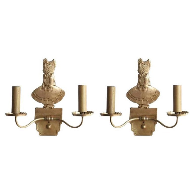 Bronze Electric Candelabra Wall Sconce with Girl in Bonnet, Pair (1 of 5)