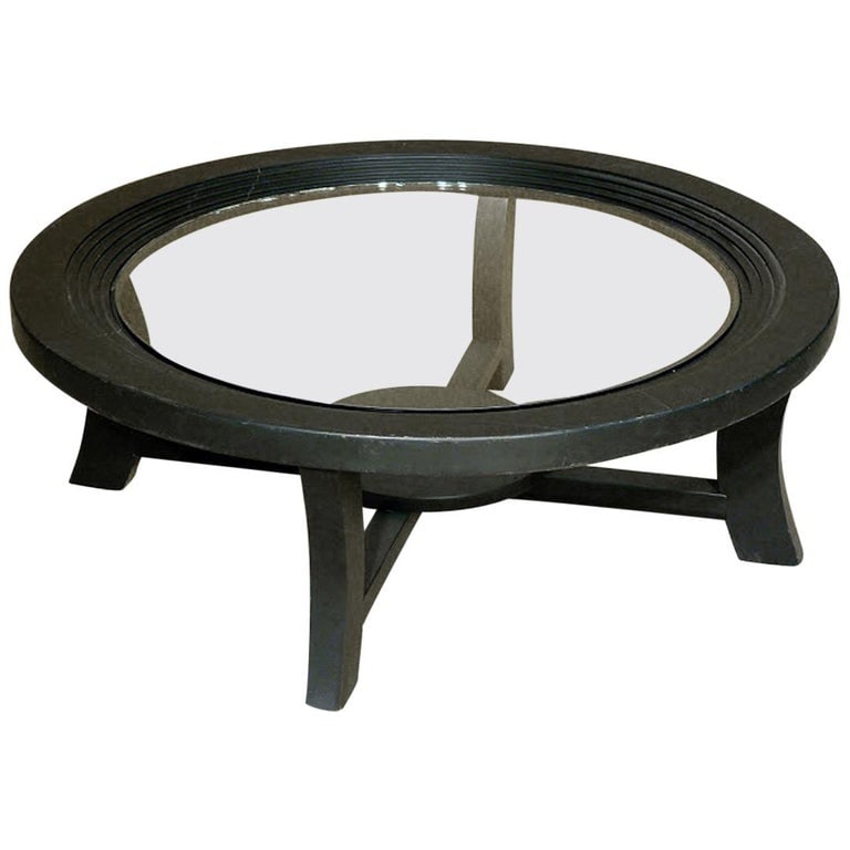 Paul Frankl Black Stepped Coffee Table for Brown Saltman: Paul Frankl noted for his "skyscraper" designed furniture of the 1930s, took a different direction on this design for the Brown Saltman Company. This elegant round table has an inverted design creatin