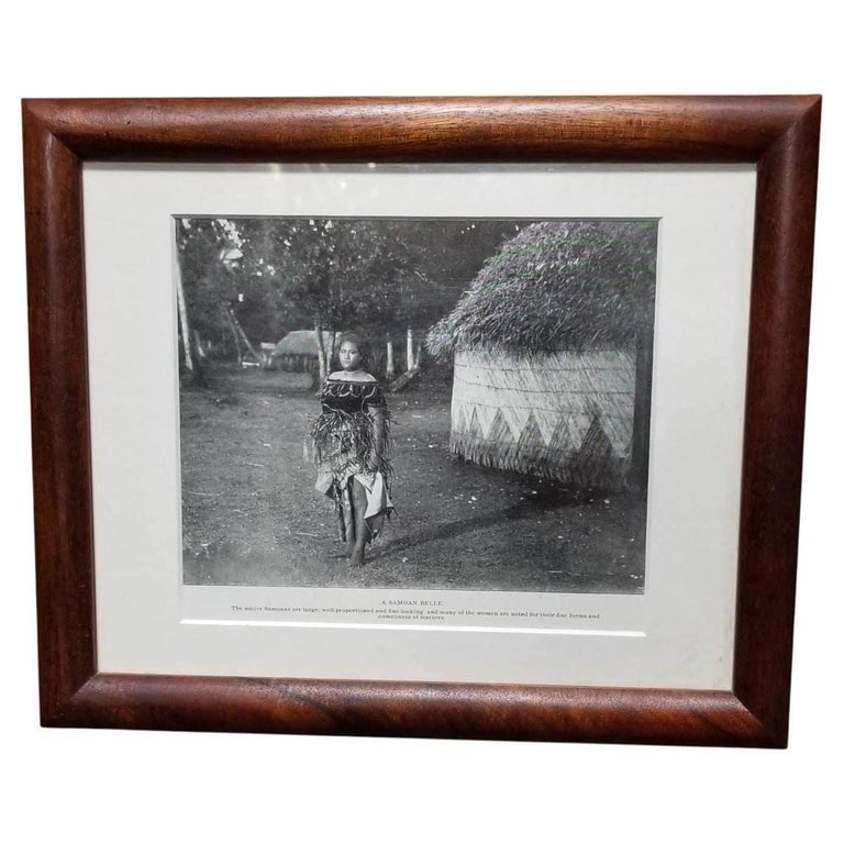 Victorian Pacific Island Beauty "A Samoan Belle" Lithograph in Koa Frame: Museum Quality Photographic Lithograph Artwork print titled "A Samoan Belle" depicting a beautiful Victorian-era Samoan woman in traditional dress with her village in the background. The print is Koa