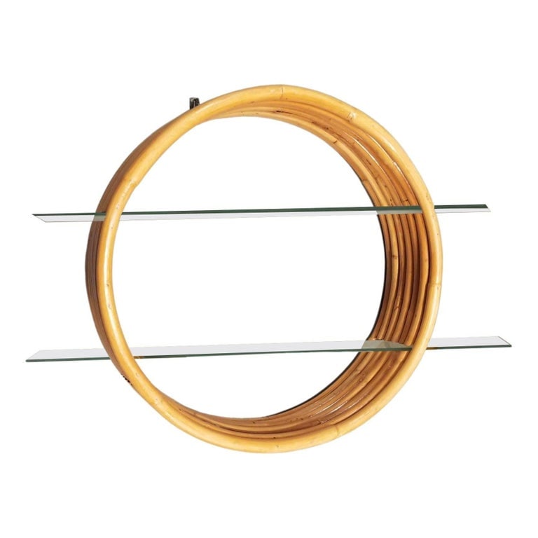 Restored Rattan Mid-Century Circular Rattan Wall Shelf W/ Glass Shelves (1 of 4)